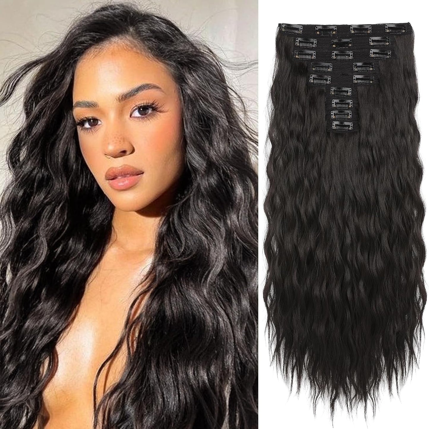 Clip In Hair Extensions - 5PCS Ash Blonde Highlights | 24" Thick Loose Waves, Soft & Natural Hairpieces for Women