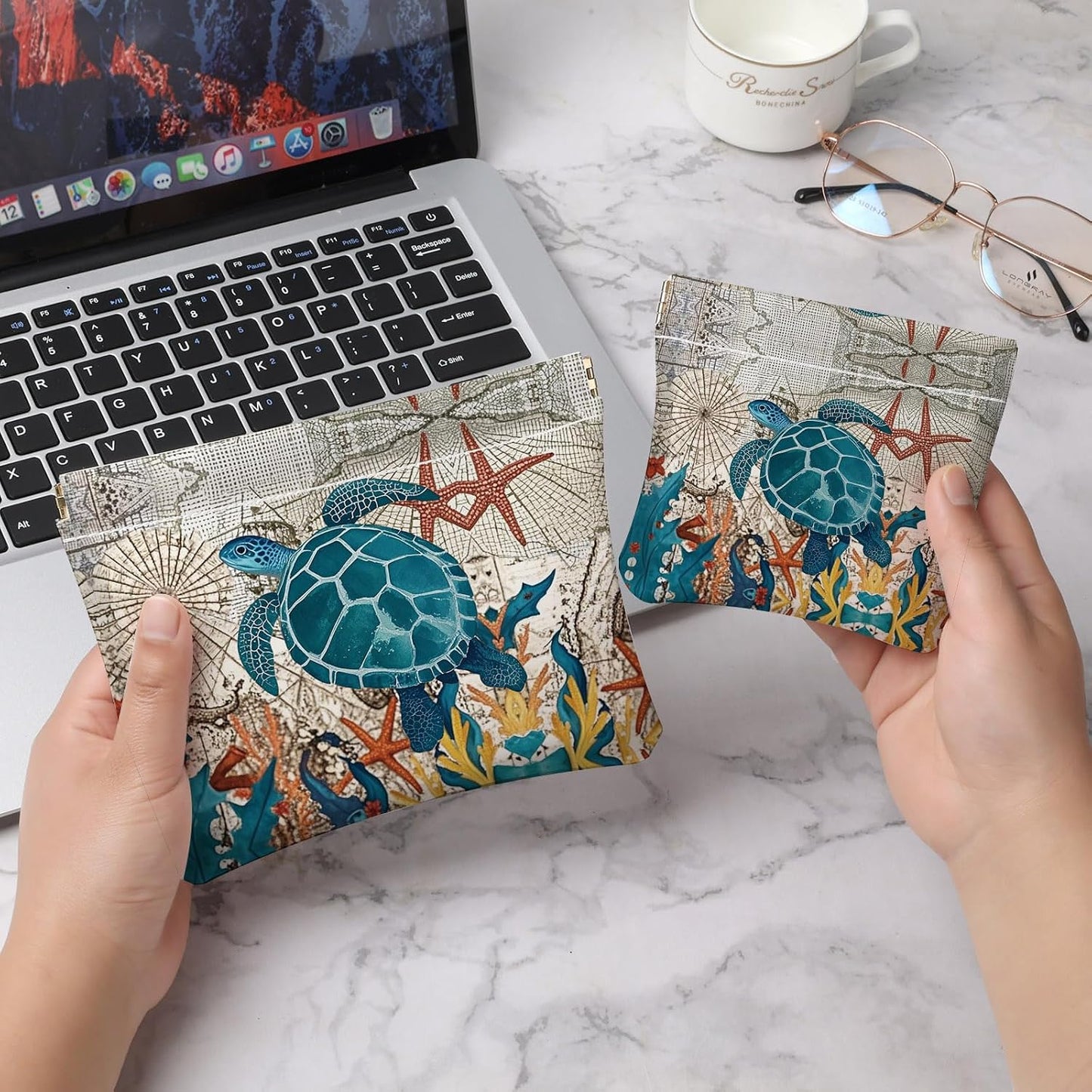 Makeup Bag Set - 2 PCS PU Leather Cosmetic Organizer | Portable Self-Closing Pouch for Women - Sea Turtle Design
