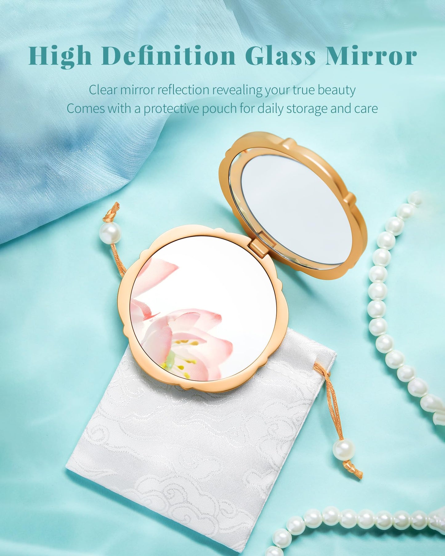 Imperblooms Lotus Bloom Compact Mirror, Small 2X Magnifying Makeup Mirror for Purse Pocket, Mini Portable Folding Blue Mirror, Chinese Style Gift for Women Girls