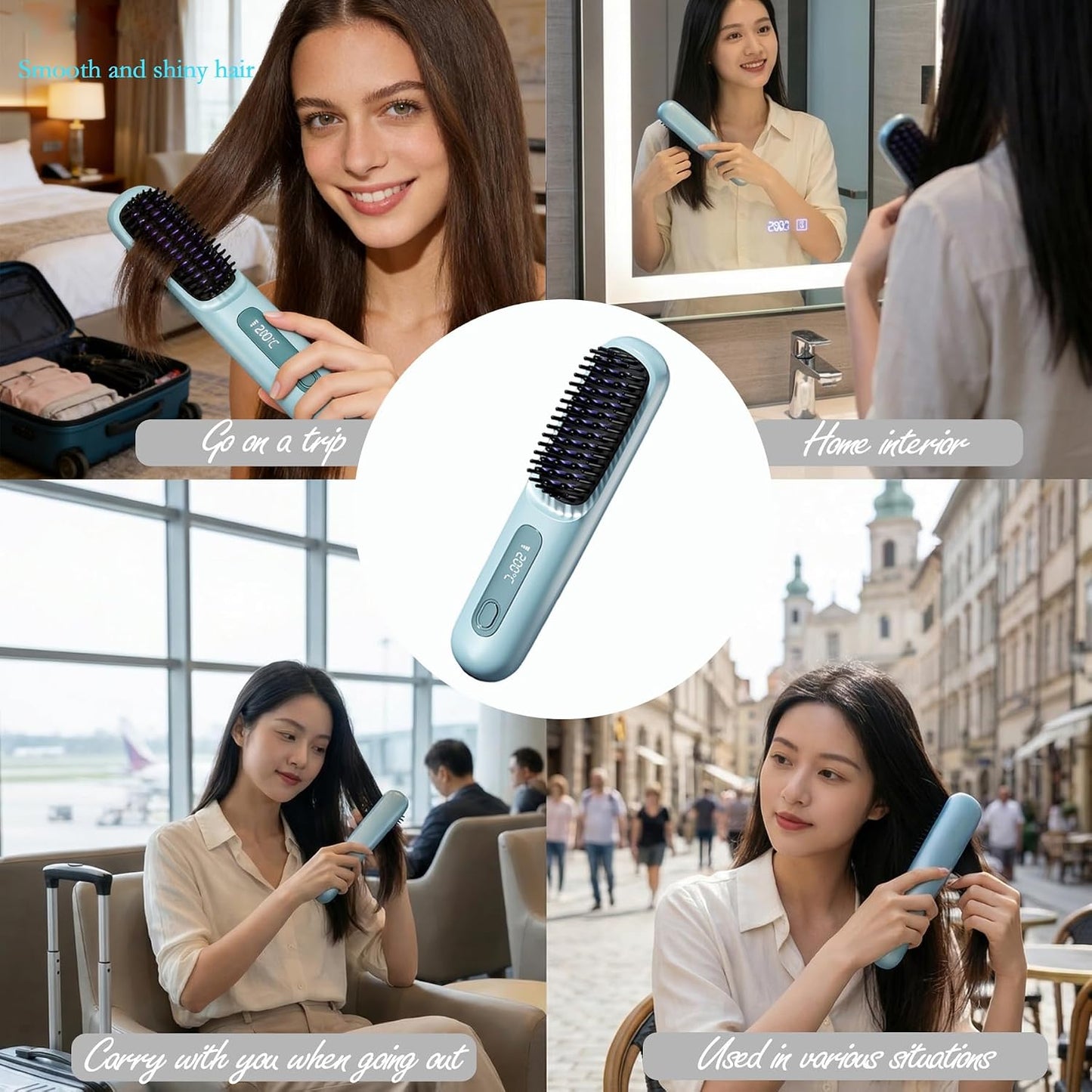 Go Brush Pro Mini Hair Straightener - Cordless Travel Brush with LCD Display | Fast Heating for Short Hair