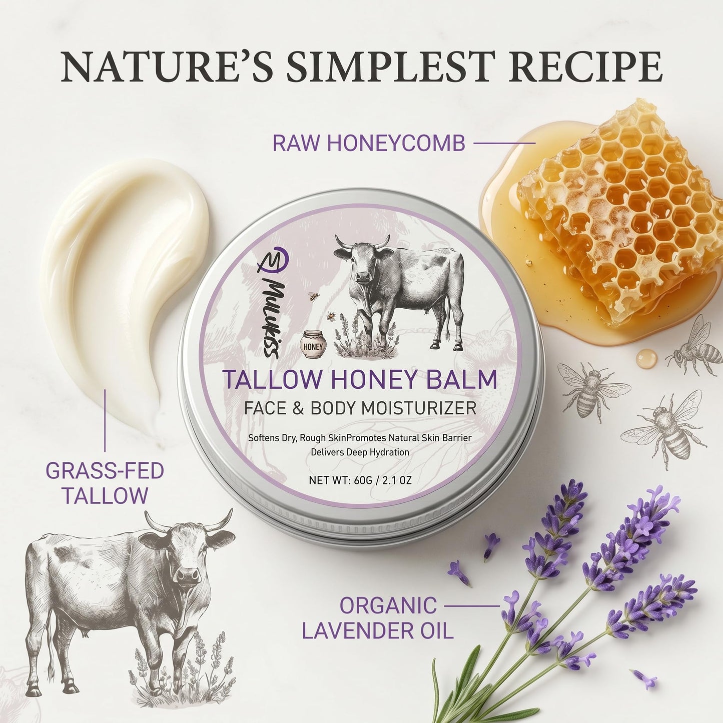 Beef Tallow for Skin – 2 Pcs Tallow and Honey Balm with Lavender Essential Oil, Beef Tallow for Face & Natural Tallow Face Moisturizer, Grass-Fed Tallow and Raw Honey Balm, Nourishing Hydrating Balm