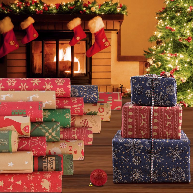 AhfuLife 2 Rolls Christmas Wrapping Paper - 17 Inch × 49.2 Feet Per Roll, Recyclable Blue Red Kraft Xmas Wrapping Paper Roll for Christmas Gift Box Birthday Party Decoration -138 sq. ft. ttl