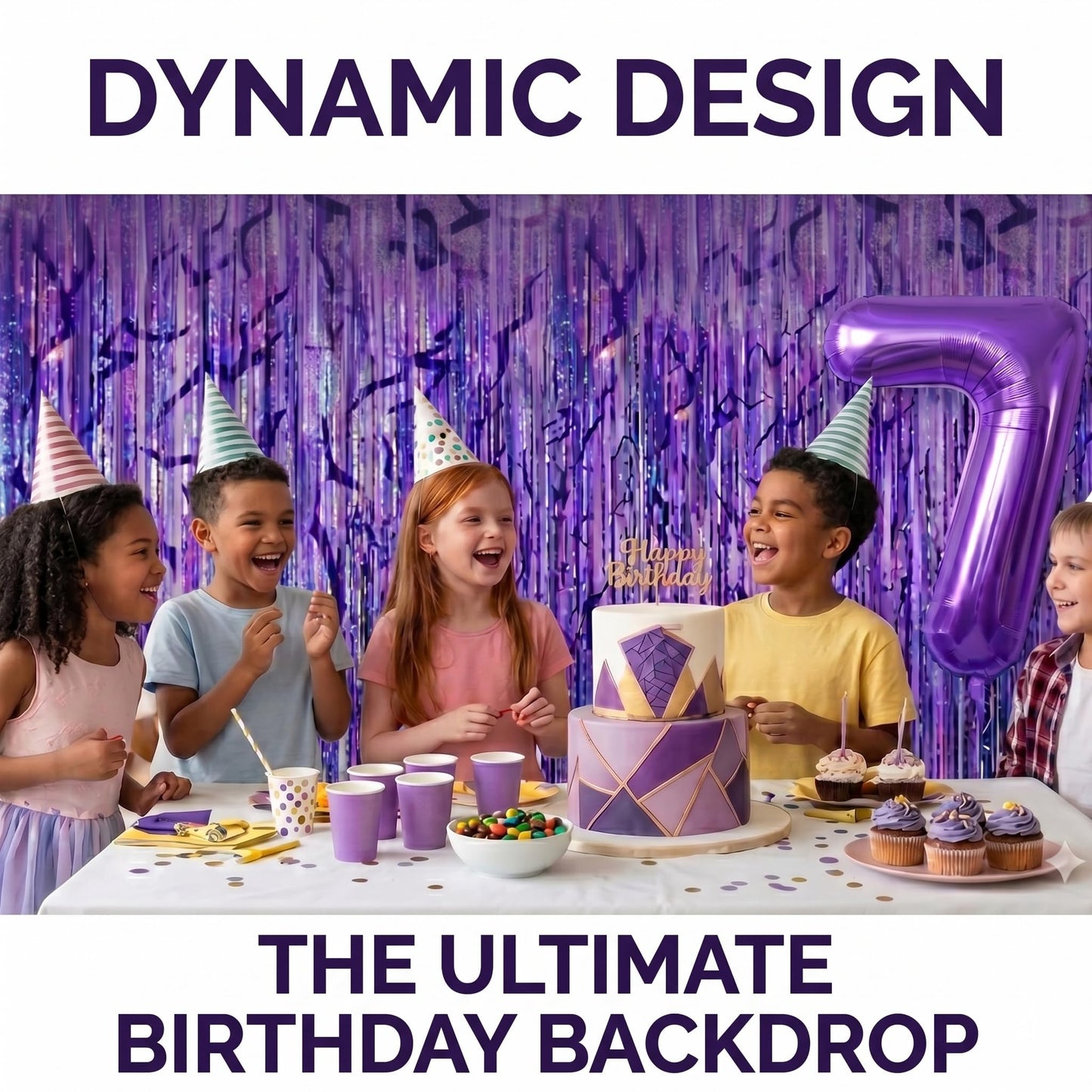 2-Pack Purple K-Style Demon Energy Pattern Backdrop, Music Party Favors, Shimmery Laser Foil Curtains, 6.6FT Holographic Lightning Tinsel, Party Decorations for Fans, Girls Birthday Party Decor