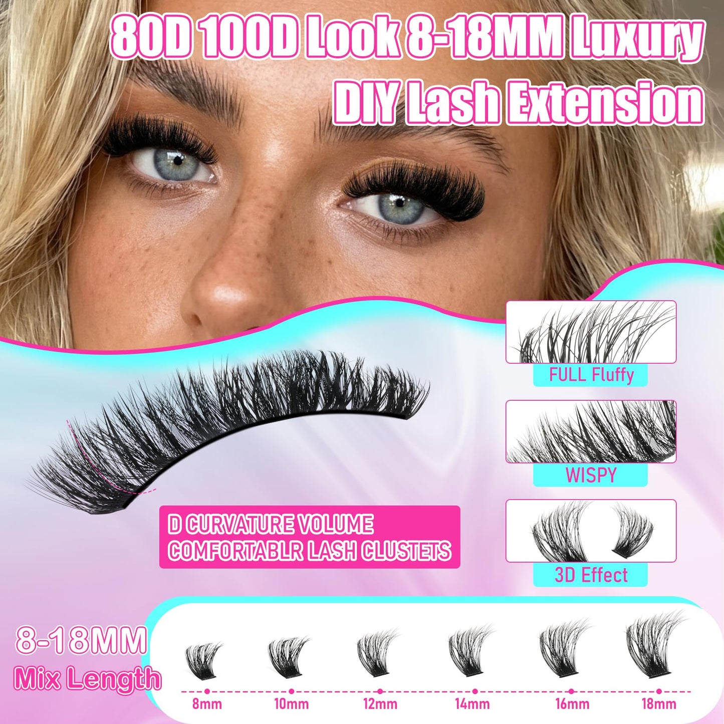 Fluff Lash Clusters Kit 608PCS Cluster Eyelash Extensions Kit 8-18MM Wispy Lashes Clusters Kit 80D 100D D-Curly Eyelash Clusters Mix Daily Look Fake Eyelashes Extension Kit