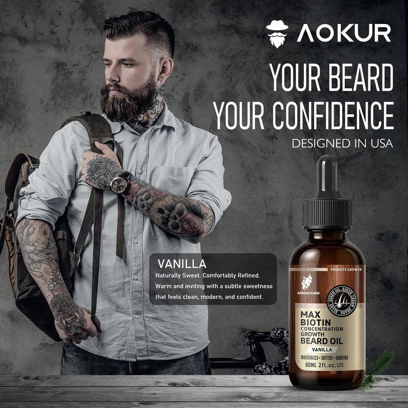 aokur Biotin Beard Growth Oil for Men - Vitamin B5 & Castor Oil Formula, Promote Thicker Fuller Beard, Daily Care, Styling & Taming, Hydrating, Lightweight Non-Greasy, Vanilla 2oz Gift for Him