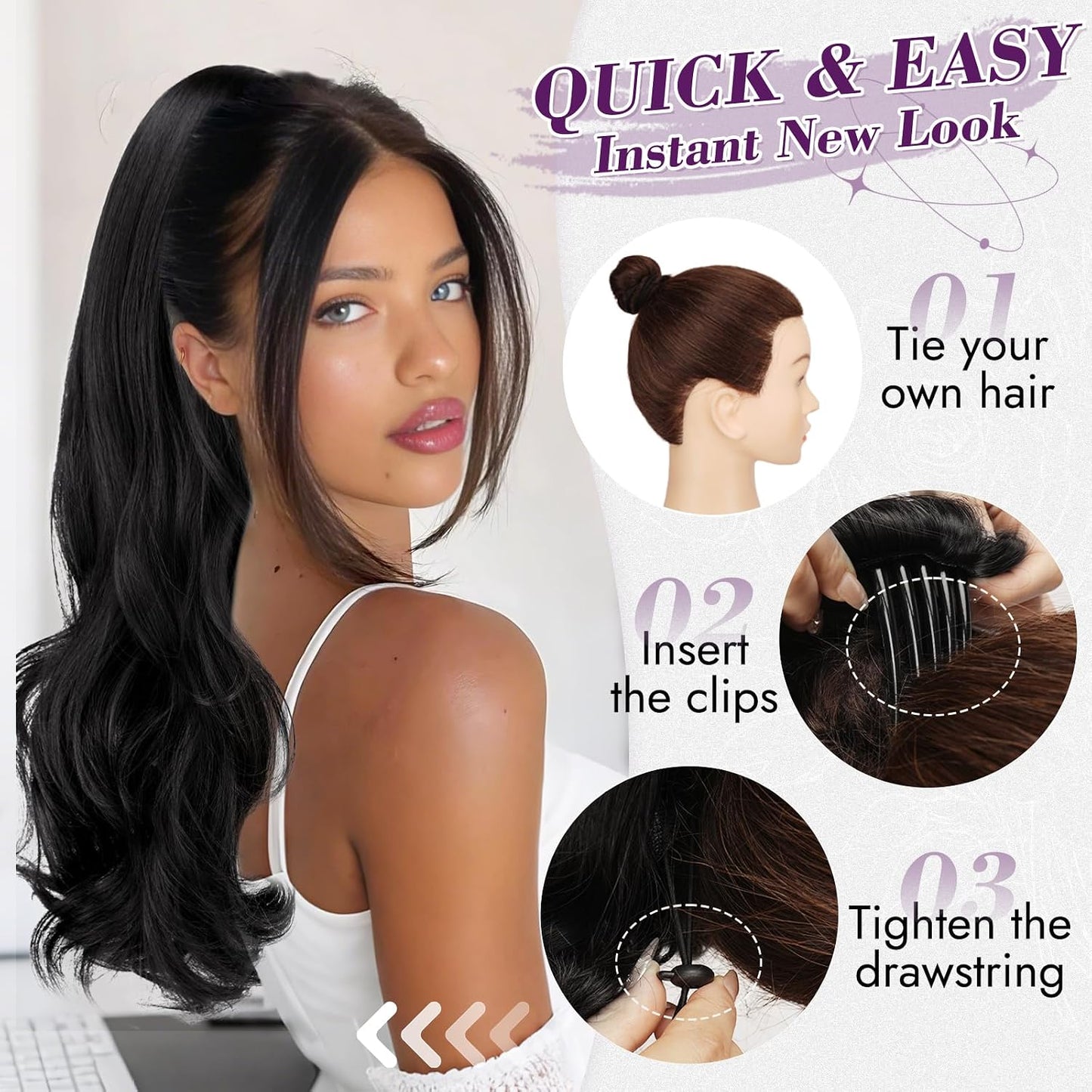 Black Wavy Drawstring Ponytail Extensions - 20 Inch Curly Clip-In Hairpiece for Women, Natural Look