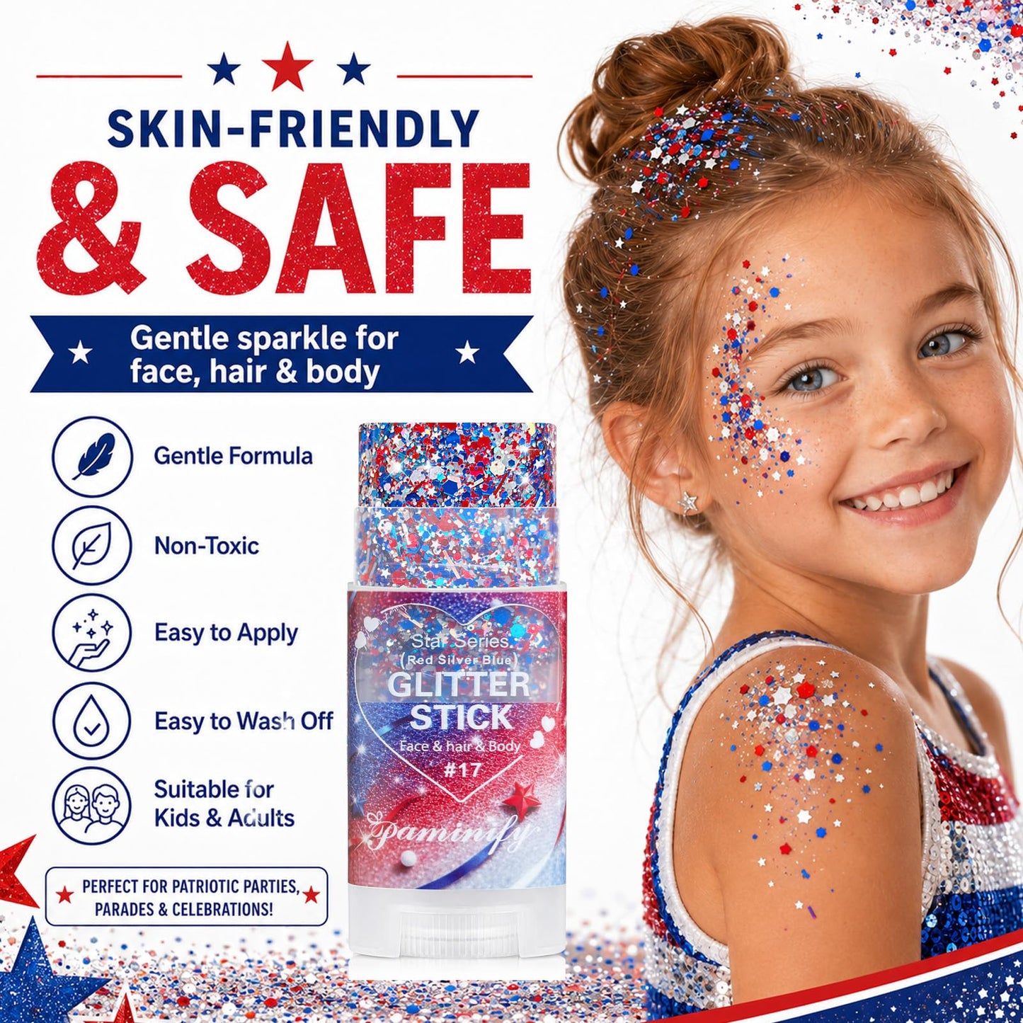 Paminify Red White Blue Hair Glitter Stick,4th of July Patriotic America Stripe Star Face Body Glitter,Fourth of July Accessories,Independence Day Waterproof Cheer Glitter Makeup for Women