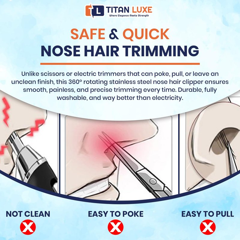 Titan Luxe Stainless Steel Hair Trimmer for Men and Women | Manual Nose and Ear Hair Trimmer | Nose Clippers, 360° Rotating Hair Trimmers | Washable Nose Hair Remover | Blue