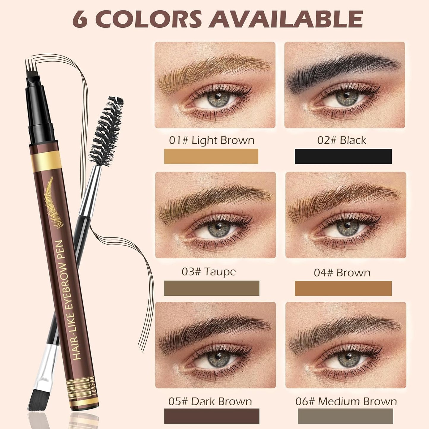 Microblading Eyebrow Pen Set - Waterproof 4-Tip Precision Pencils with Brushes | Light Brown