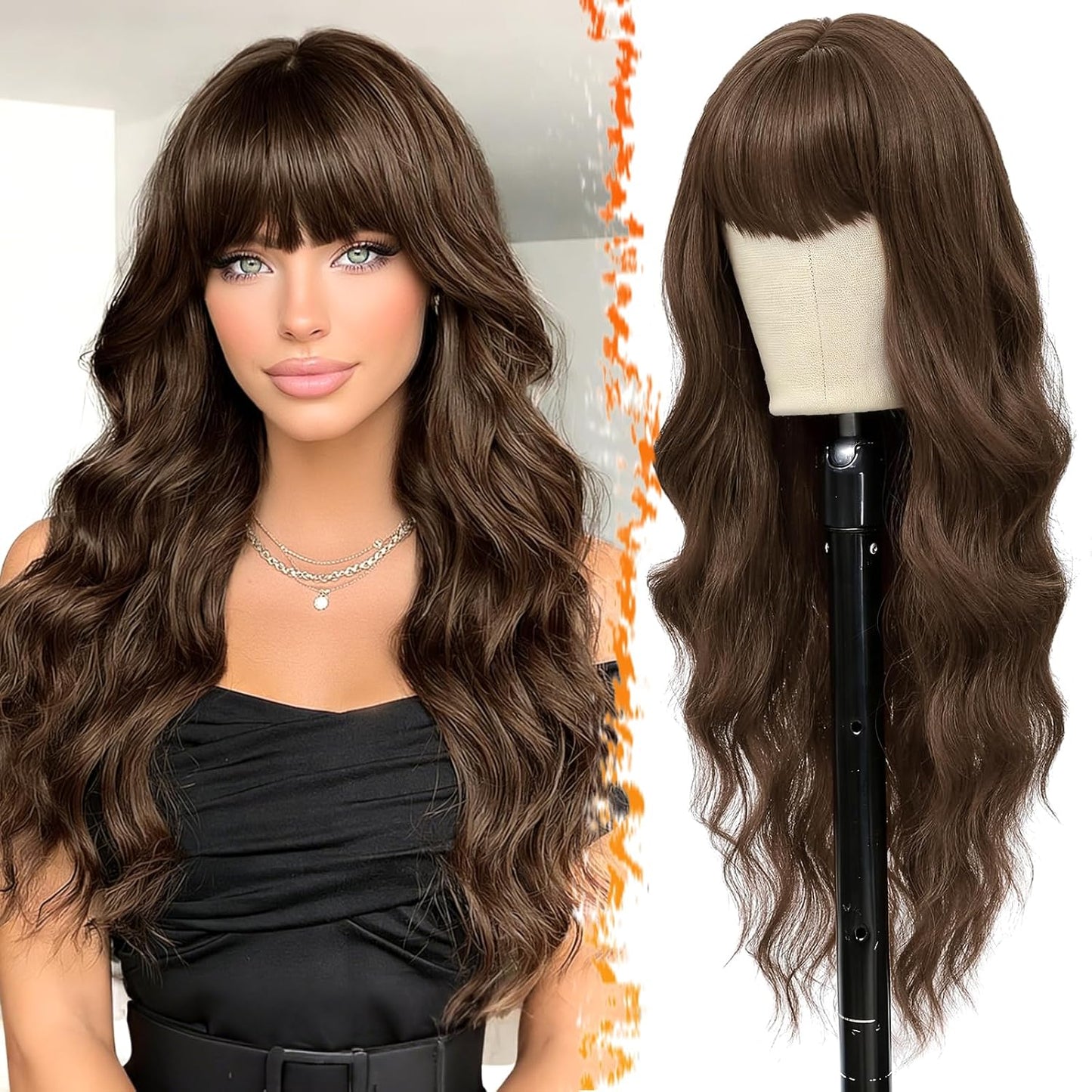 Long Wavy Blonde Curtain Bangs Wig - 26" Synthetic Ombre Wig with Dark Roots | Soft Natural Look