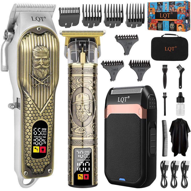 LQT Cordless Hair Clippers Set for Men, Professional Hair and Beard Trimmer Kit with LED Display, Foil Shaver, Powerful Motor, Multiple Combs, Bronze, Grooming Gift for Him, Home and Salon,Barber Kit