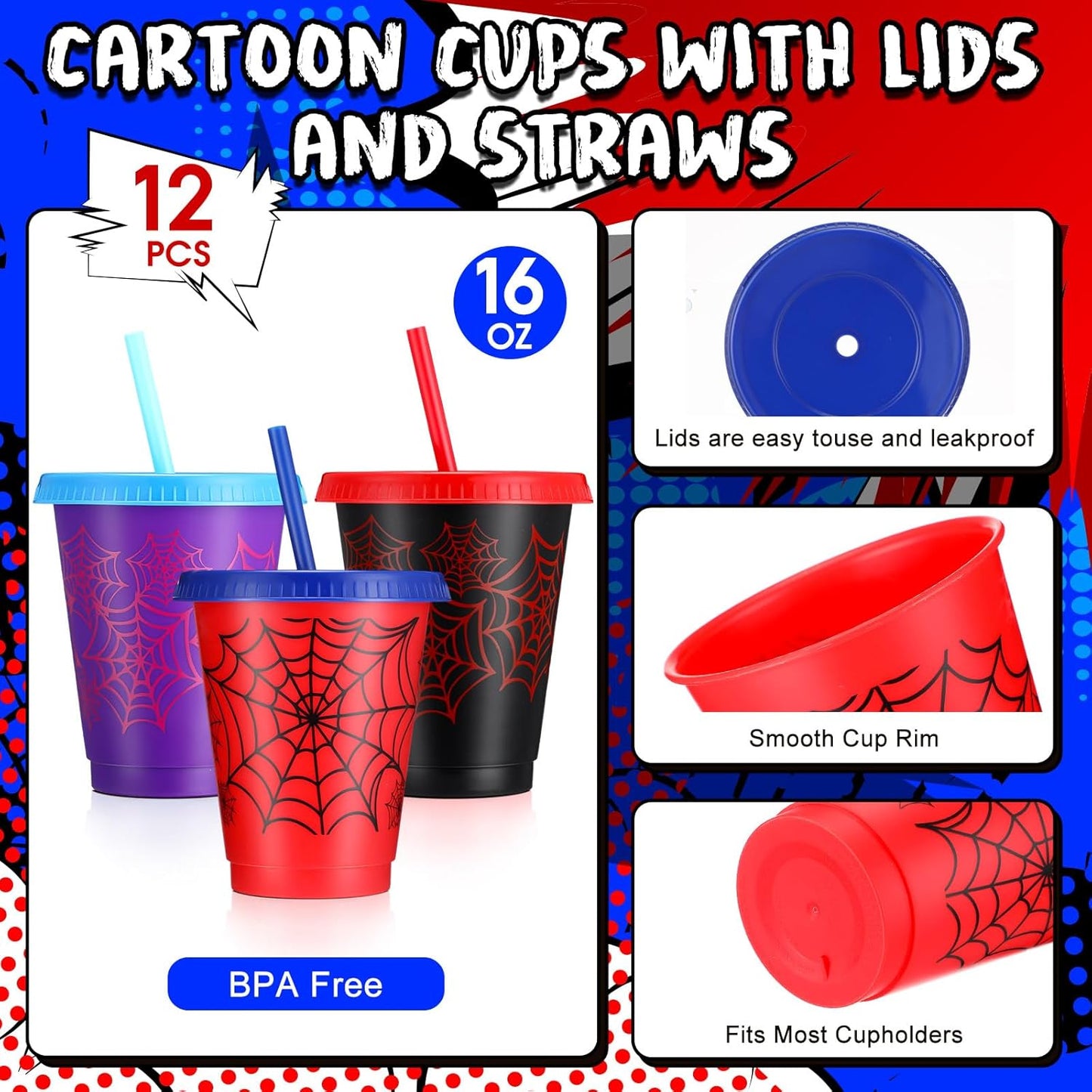 Spider Cups - 12 Pcs 16 oz Plastic Birthday Party Cups with Lids & Straws | Fun Spider Designs for Party Favors