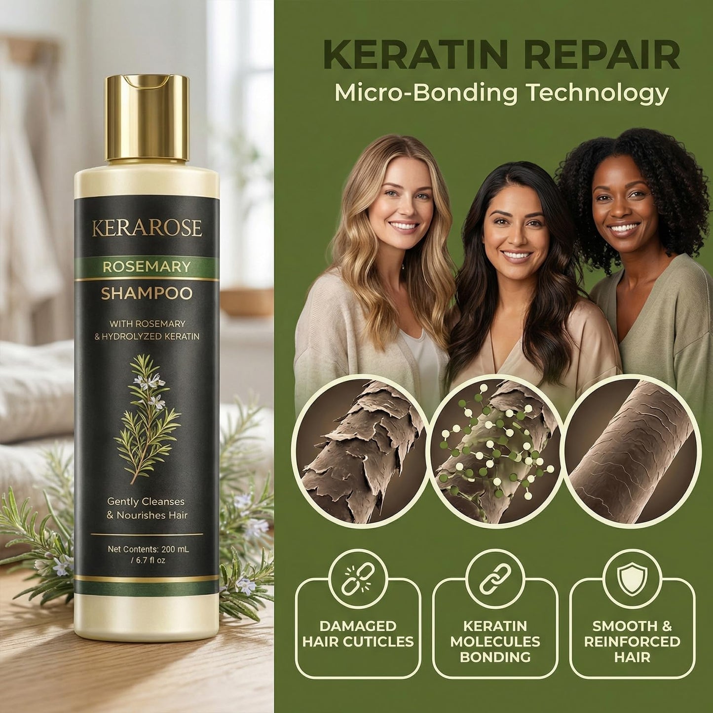 Nichalous Kerarose Hair Growth, Kerarose Shampoo, Rosemary Shampoo Volumizing & Strengthening Formula with Hydrolyzed Keratin, Nourishing Repair Care Shampoos for Fine or Weak Hair, Unisex (1)