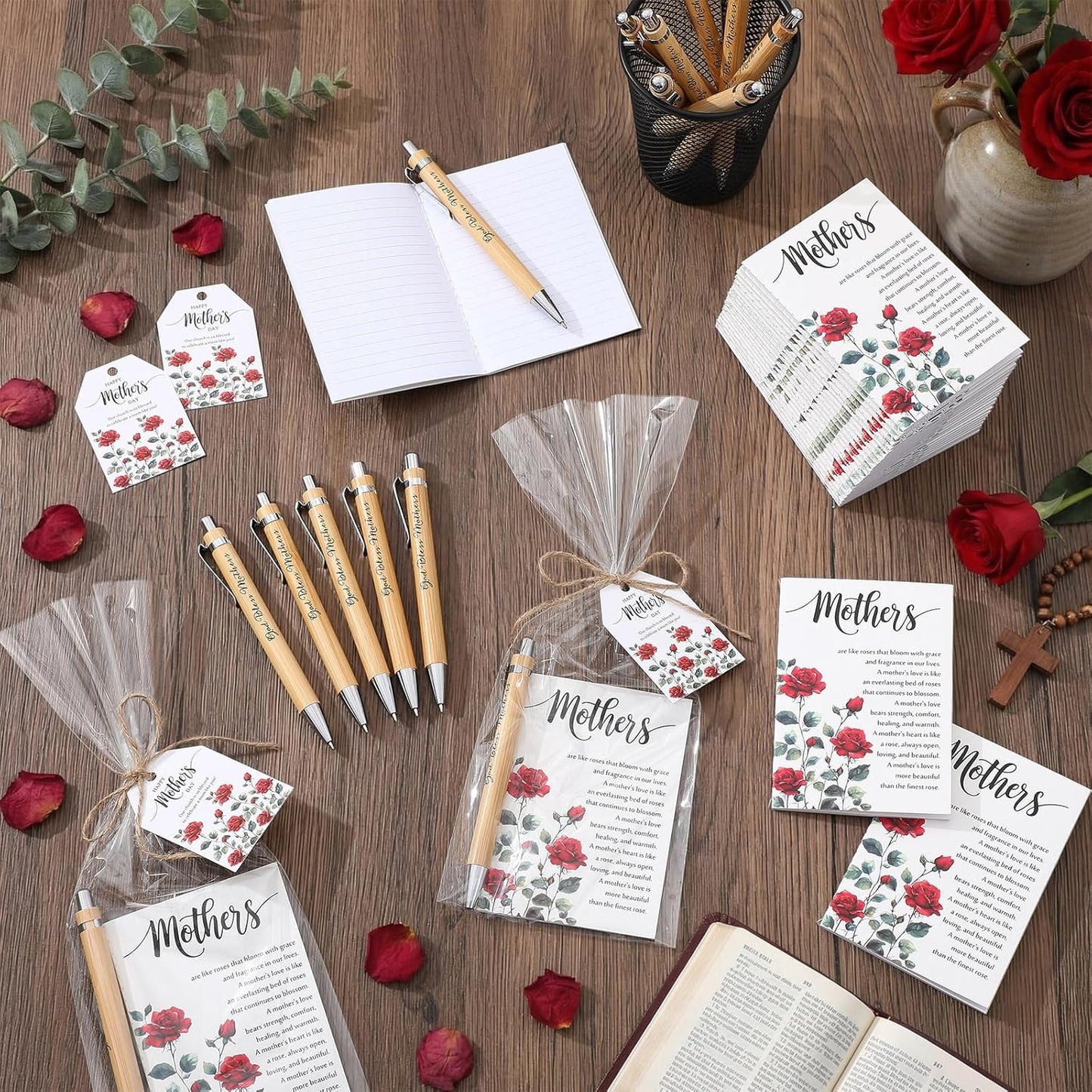 Christian Bible Verse Gifts for Mothers - 30 Sets of Pens, Notebooks & Cards | Perfect for Church & Sunday School (Rose)