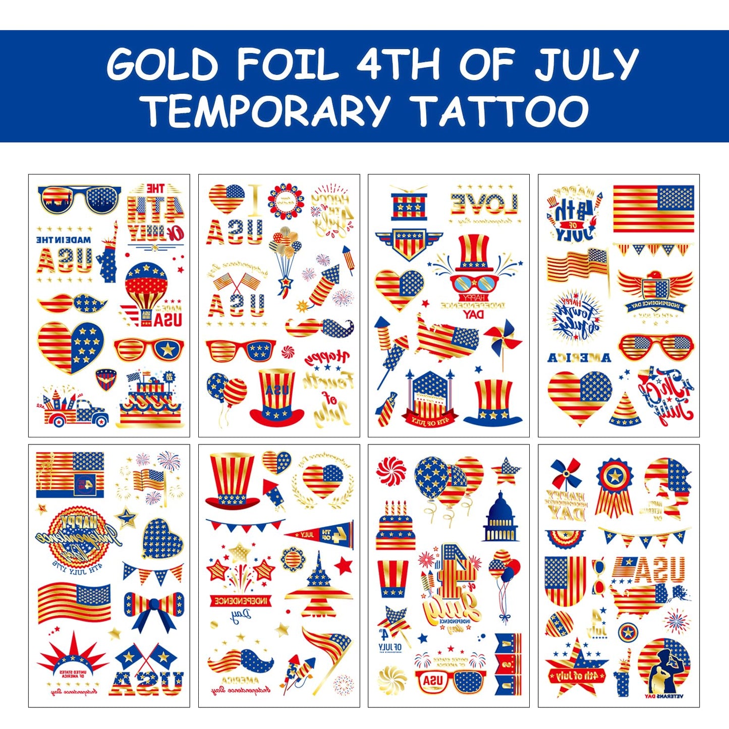 JCFIRE 4th of July Decorations, Temporary Tattoos for Kids Adults, Patriotic Decorations, Fourth of July Accessories, Red White And Blue Party Supplies for Independence Day