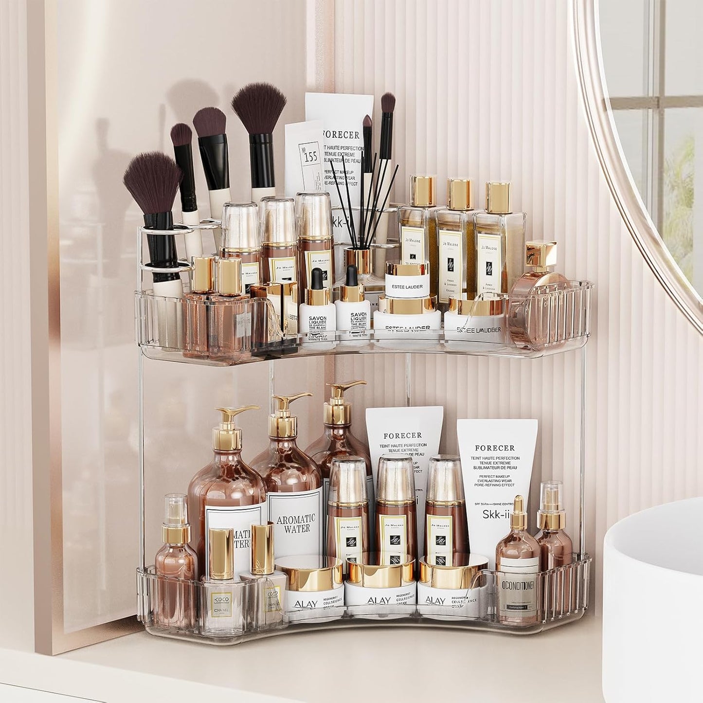 2-Tier Corner Bathroom Counter Organizer - Clear Makeup & Skincare Holder | Toothbrush & Brush Storage