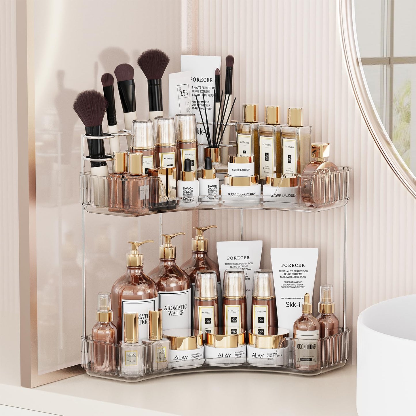 Asayuee 2-Tier Corner Bathroom Counter Organizer with Top Toothbrush Holders,Large Makeup Organizer Countertop with Brush Holder,Skincare Organizers Corner,Exquisite Vanity Organizer(Clear, 2 Tier)