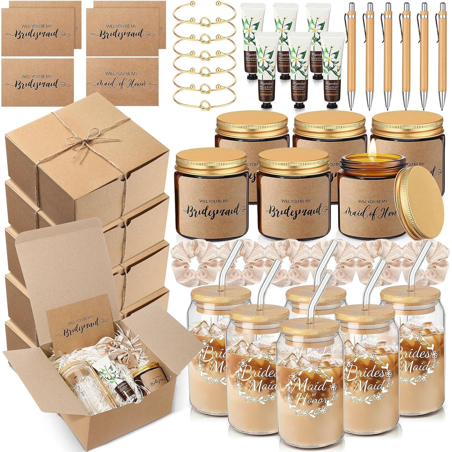 Bridesmaid Proposal Gifts Box Set - 60 Pcs Including Glass Cup, Candle, Cards & More | Black