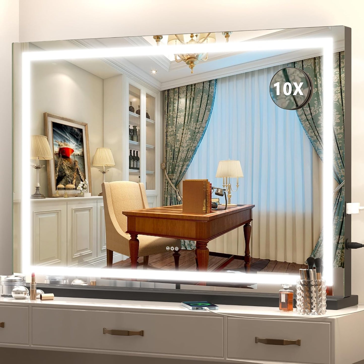 LED Makeup Mirror with Lights - 31.5" x 22" Dimmable Touch Screen Vanity Mirror | Round Black Design