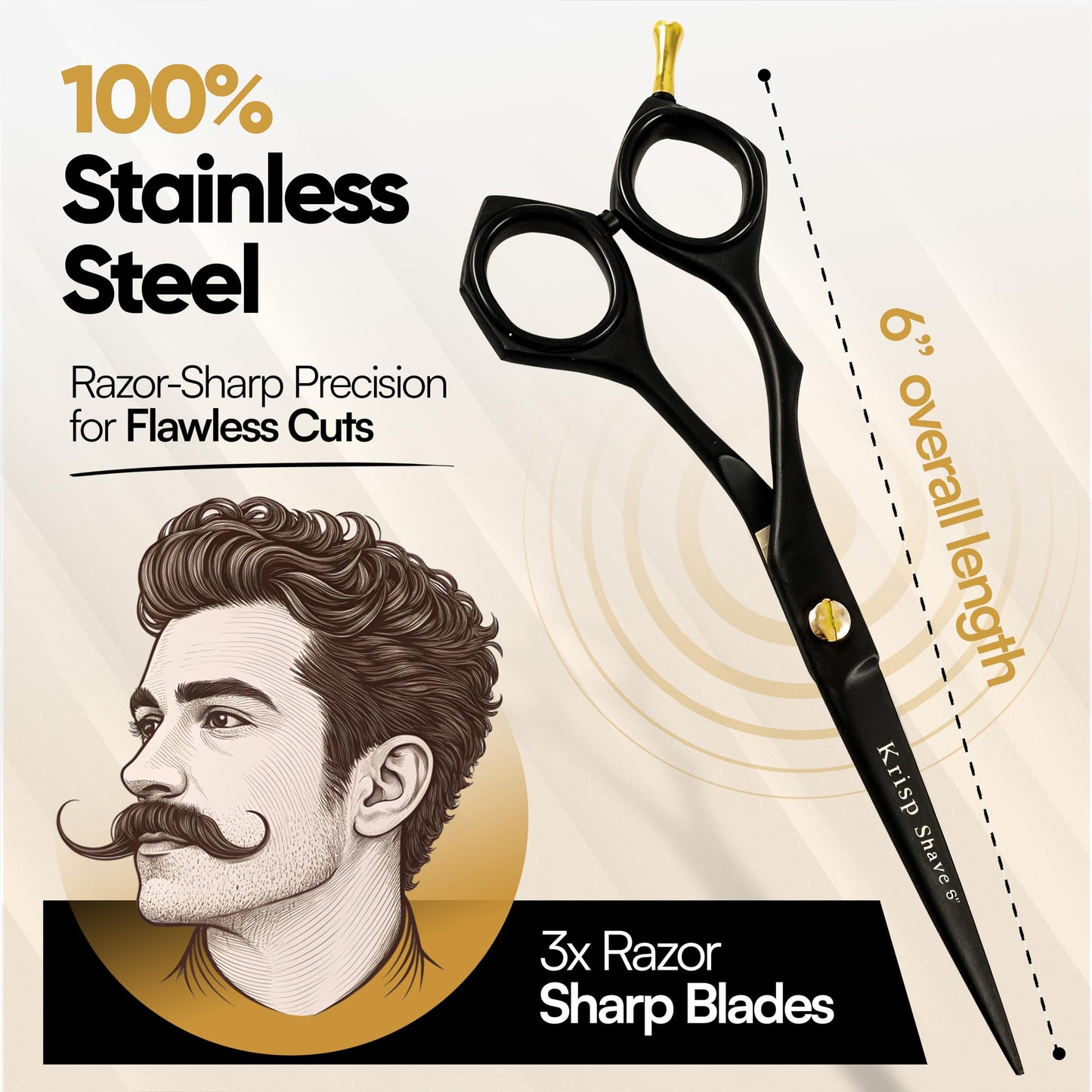 Professional Hair Cutting Scissors - Krisp Shave Stainless Steel Barber Salon Quality Scissor (6 Inch) - Shears for Men's Beard Mustache Women Kids Pets Haircut All Purpose Shear