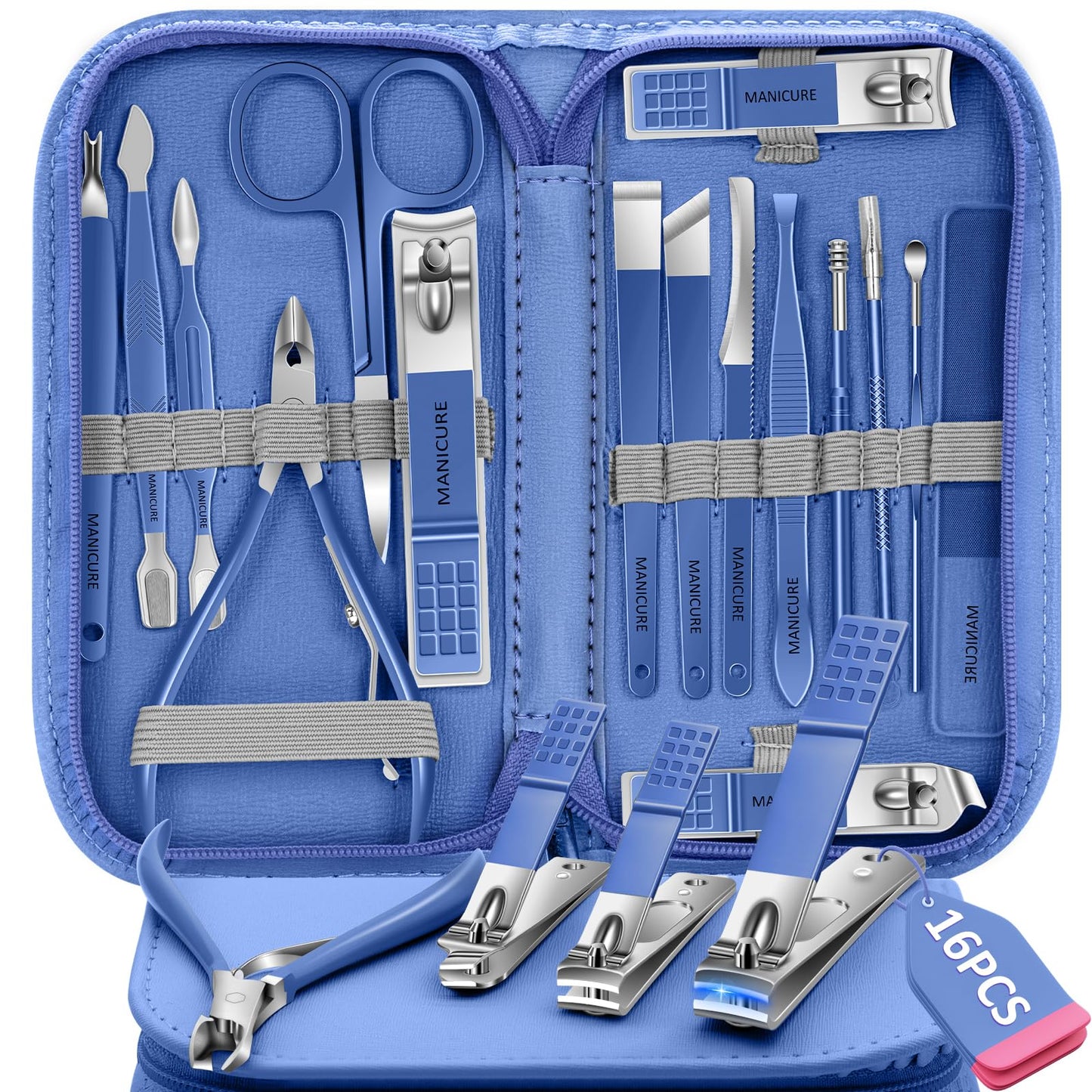 Manicure Set 16Pcs Nail Clippers Set Manicure Kit Professional Stainless Steel Pedicure Kit Nail Care Kit for Women Men with Luxurious Travel Bag, Suitable for Home, Travel, and Salon (Blue)