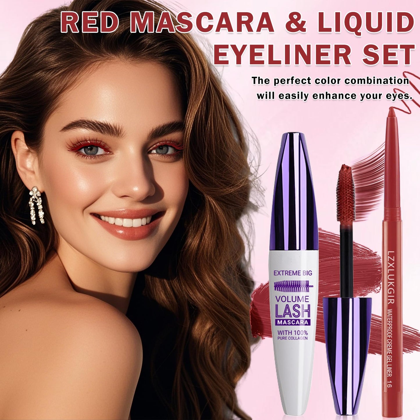 LZXLUKGIR Burgundy Mascara and Eyeliner Set,Natural Curling Red Mascara for Eyelashes,Volumizing Lengthening máscara de pestañas Waterproof,5D Colored Eye Makeup