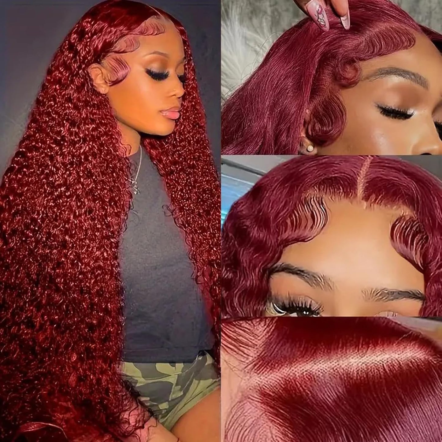 Burgundy Human Hair Wig - Water Wave Lace Front, 26-Inch 99J Deep Wave for Women | HD Transparent 13x4