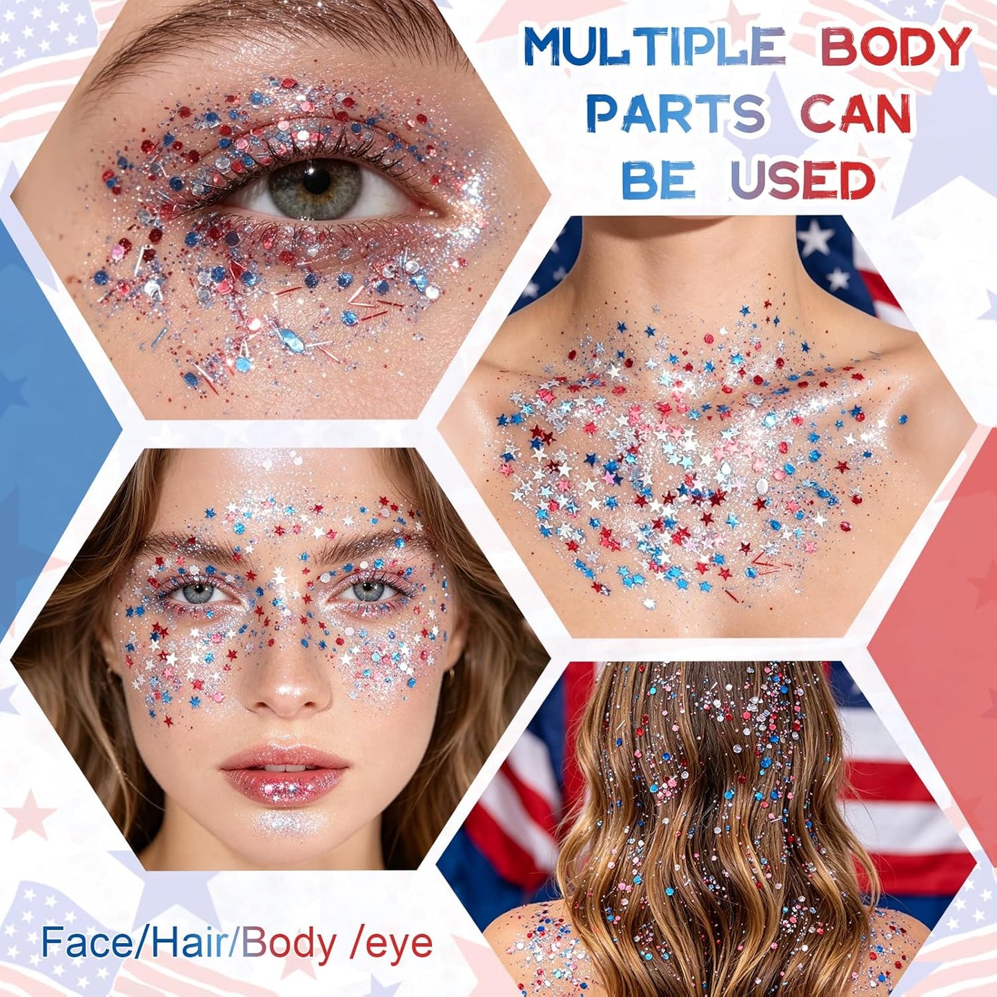 Red White Blue Star Face & Body Glitter Stick - Patriotic Makeup for 4th of July | USA Flag Accessory