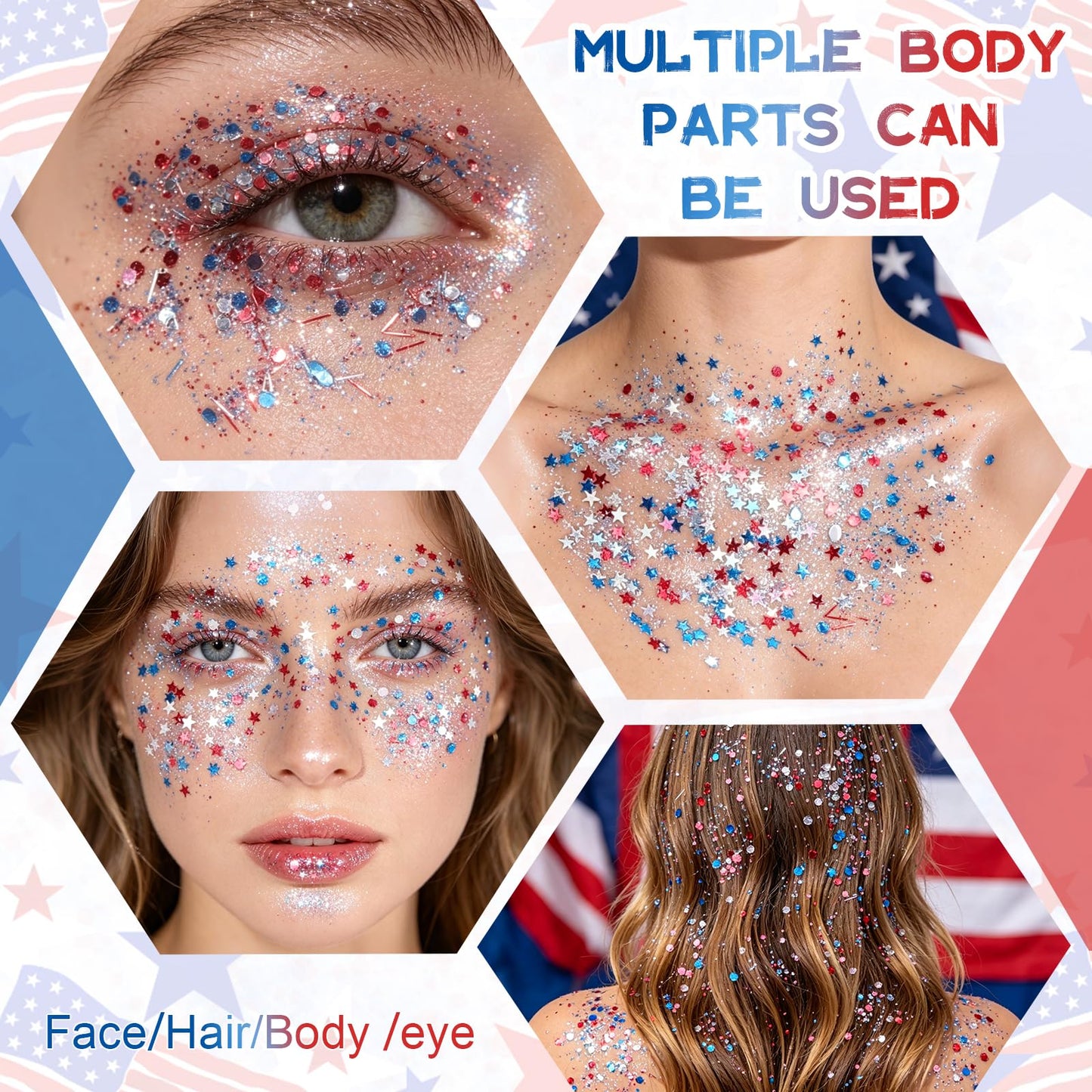 YBUETE Red White Blue Star Face Body Glitter Stick, 4th of July Glitter, Patriotic Makeup USA Flag Accessory for Independence Day, Memorial Day, Veterans Day, Sparkling Makeup for Adult