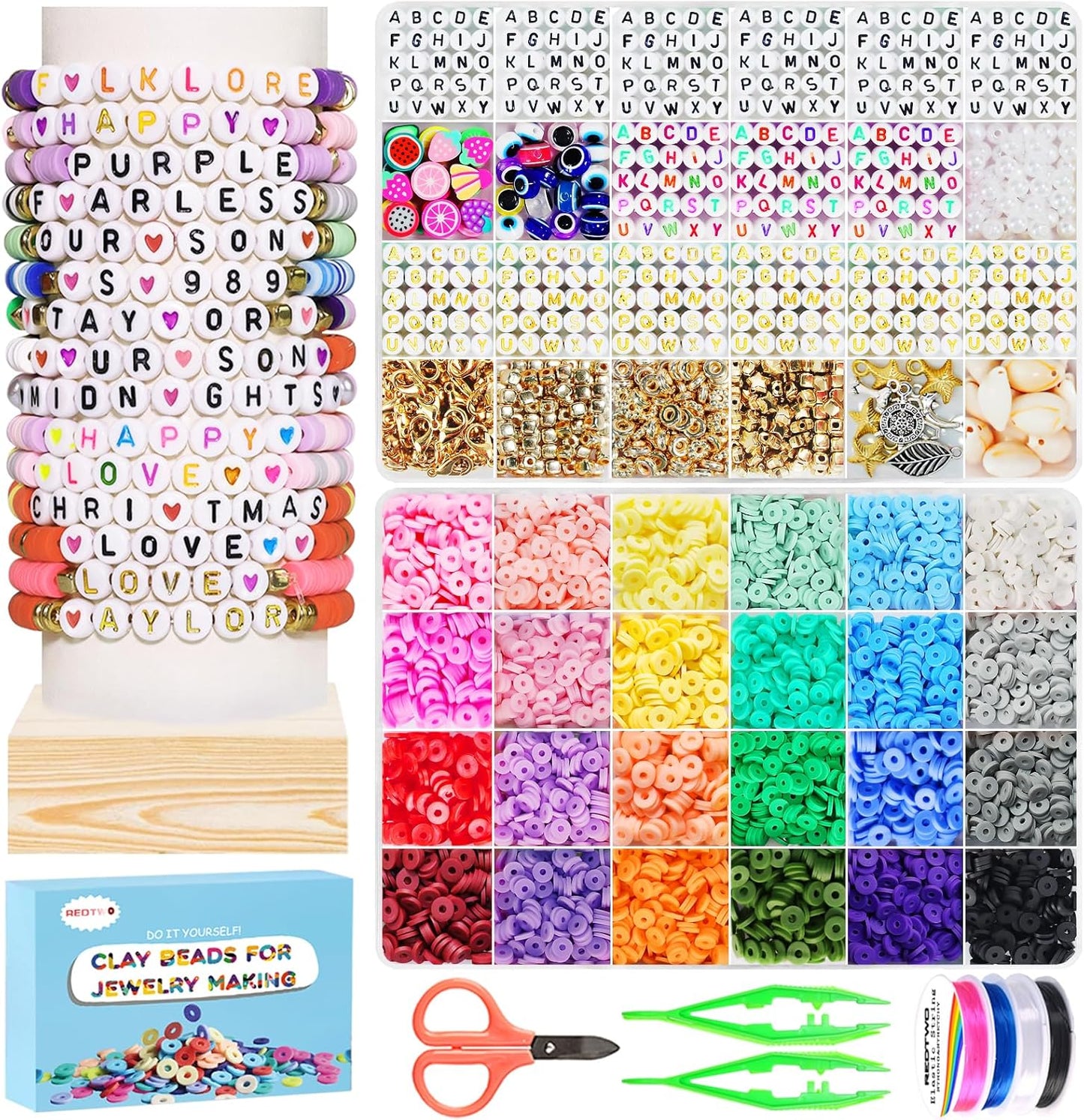 Clay Beads Bracelet Making Kit - Flat Preppy Polymer Heishi Beads with Charms | Craft Gifts for Girls Ages 8-12