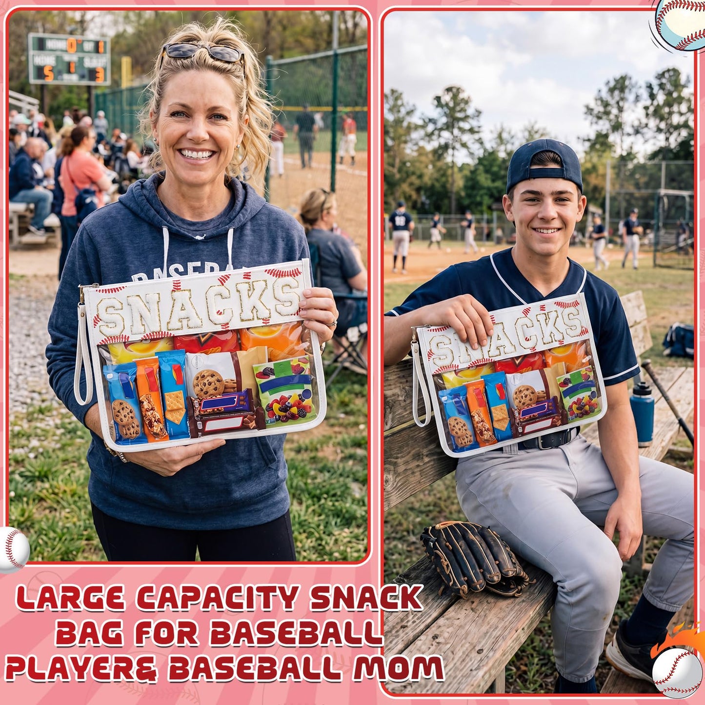 Klyyo Clyro Clear Baseball Snack Bag Chenille Letter Zipper Pouch Baseball Snack Goodie Treat Team Gifts for Sport Game Day Theme Party Favors Player Gift