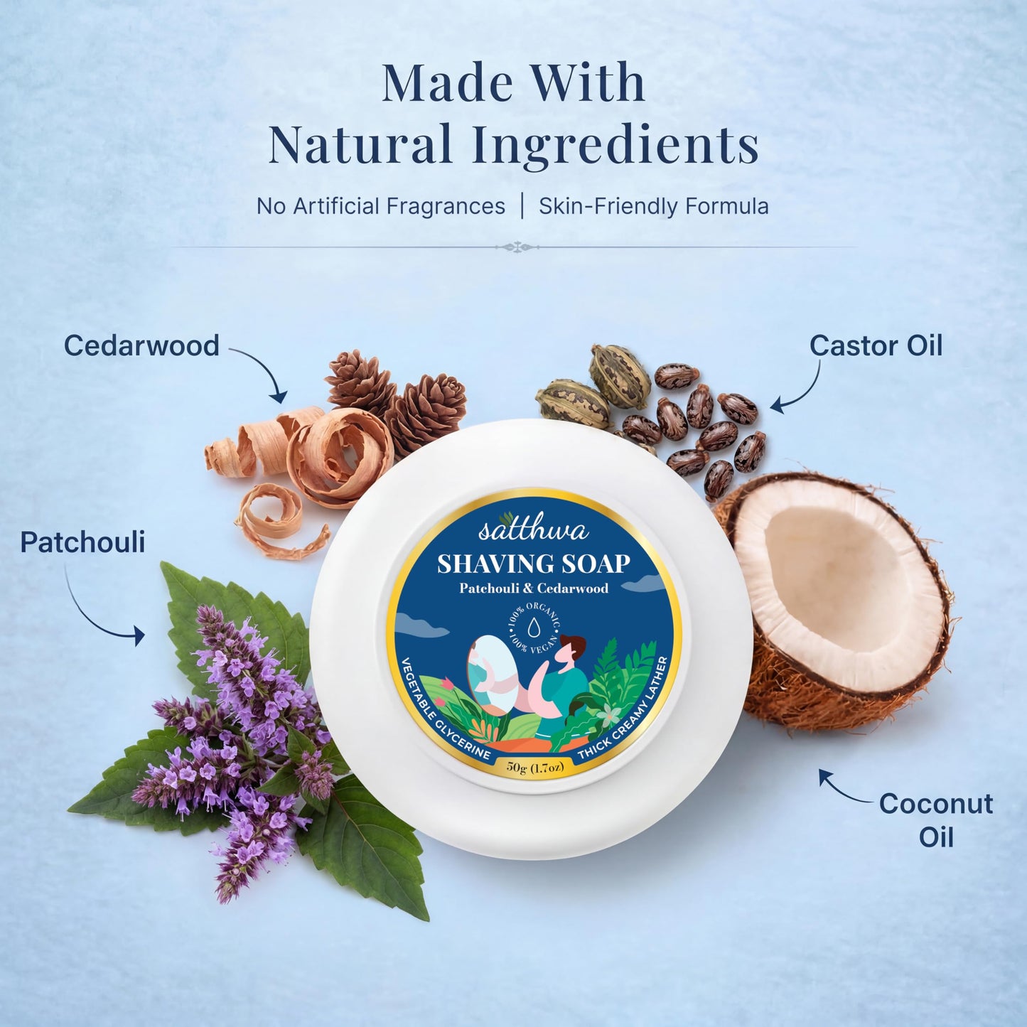 Satthwa Organic Shaving Soap Puck infused with Patchouli & Cedarwood | Create the Perfect Lather | Excellent for Silky Smooth Shaves | Hydrates and Shields, 50g (1.7oz)