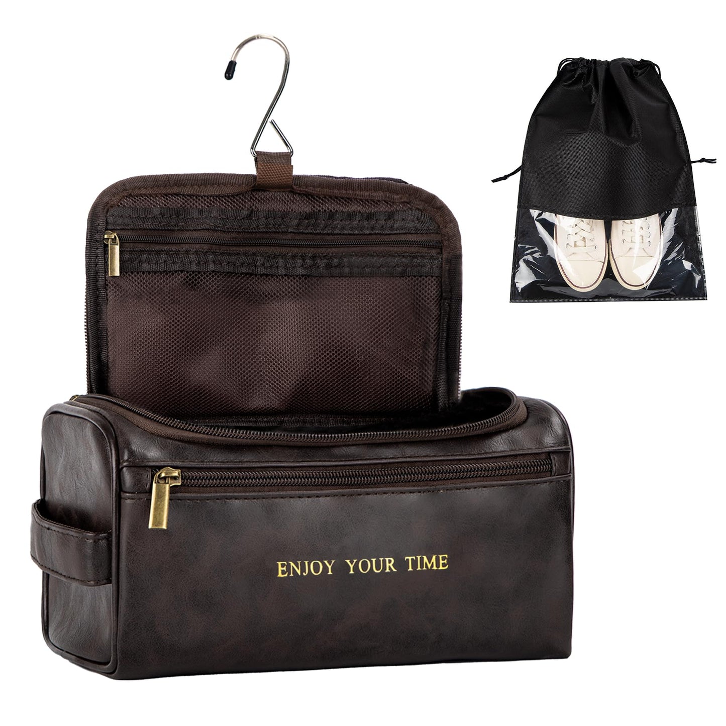 Flycalf Personalized Mens Toiletry Bag for Men ENJOY YOUR TIME Gold Foil Stamped Leather Travel Shaving Dopp Kit Groomsmen Gifts Dad Husband Boyfriend Wedding Birthday (Coffee)