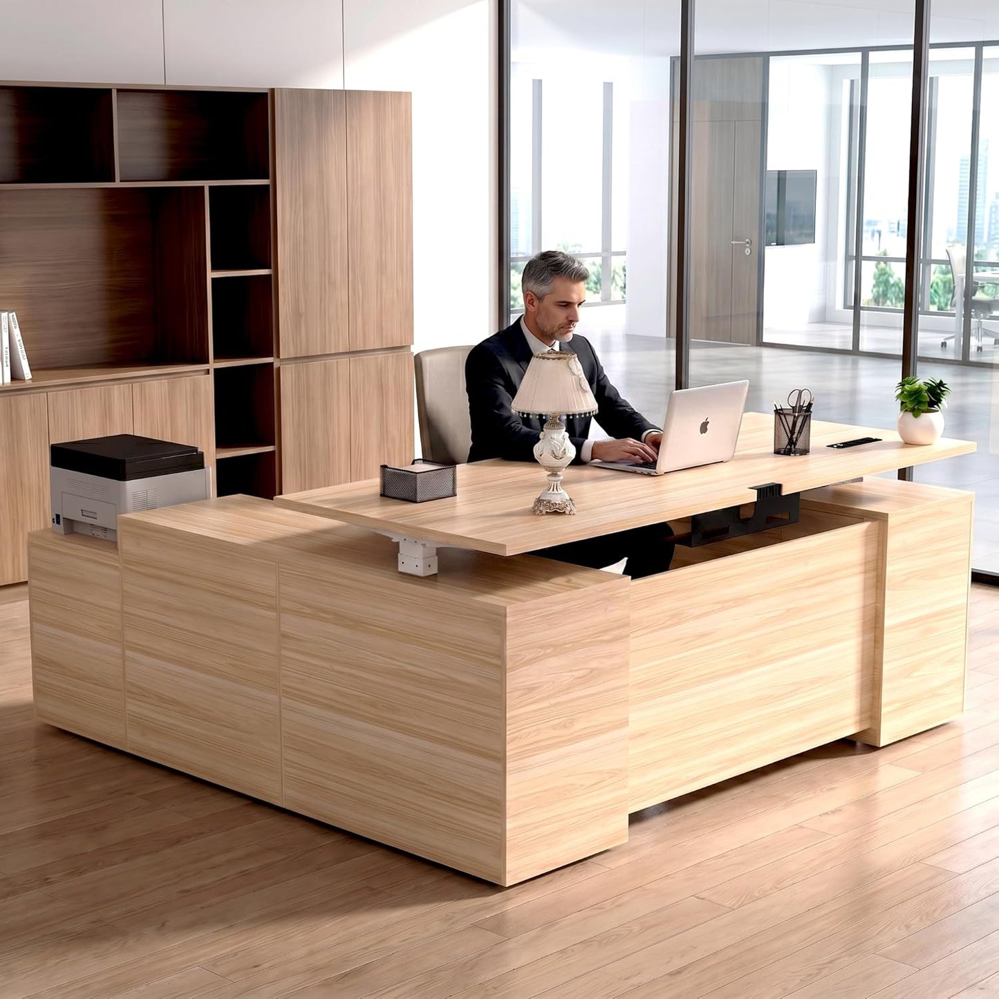 L Shaped Executive Desk - Height Adjustable Modern Office Workstation with File Cabinet & USB | Natural Wood Finish