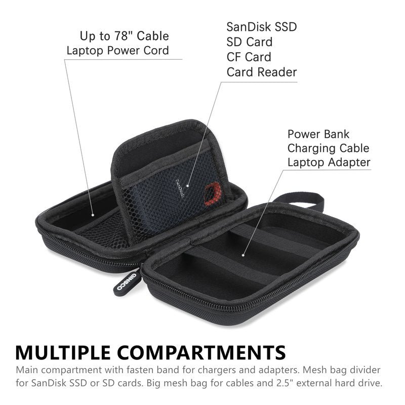 Ginsco Hard Shell Protection Case Electronic Accessories Organizer Pouch for MacBook Air/pro Adapter Chargers Cables Power Bank, for Sandisk Portable SSD Flash Disk SD Card (Black)