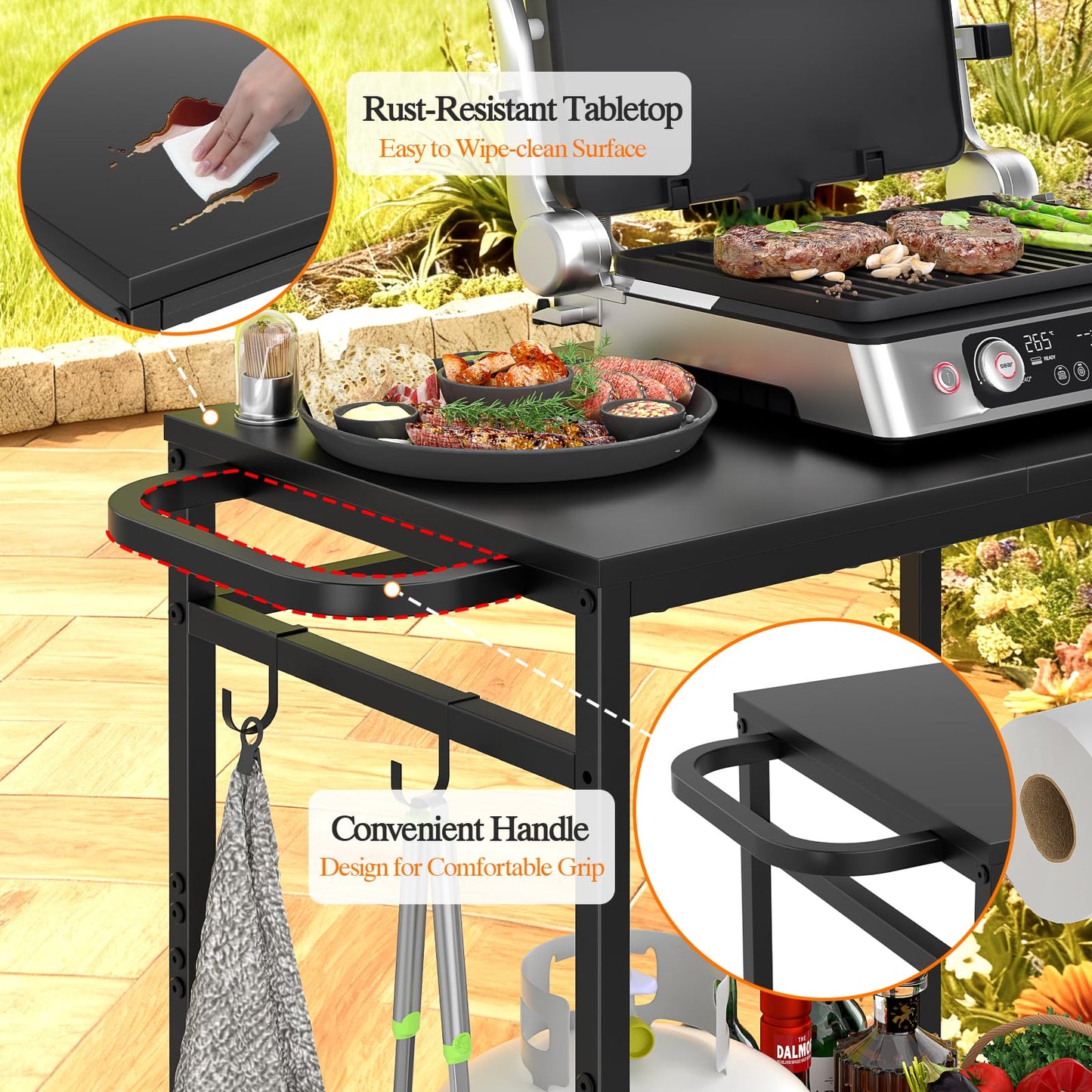 2-Tier Outdoor Grill Table with Wheels, Movable Cooking Food Prep Table for Outside BBQ Gathering, with 23.62" Lx 15.75" W Rust-resistant Tabletop, Griddle Stand for Patio & Backyard & Tools Room