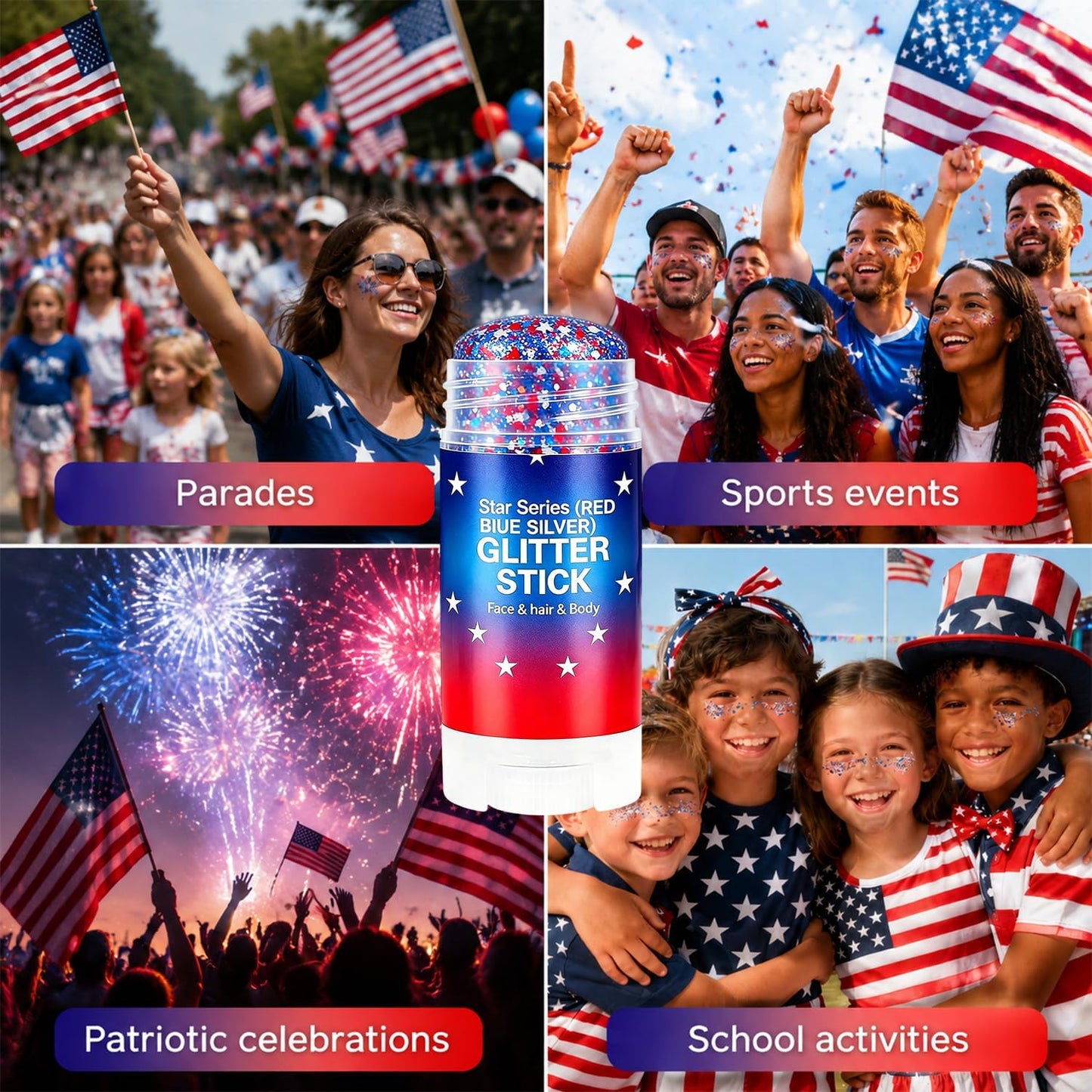 4th of July Glitter Stick - Red, White & Blue Face Glitter for Rave & Patriotic Makeup | Independence Day Decorations