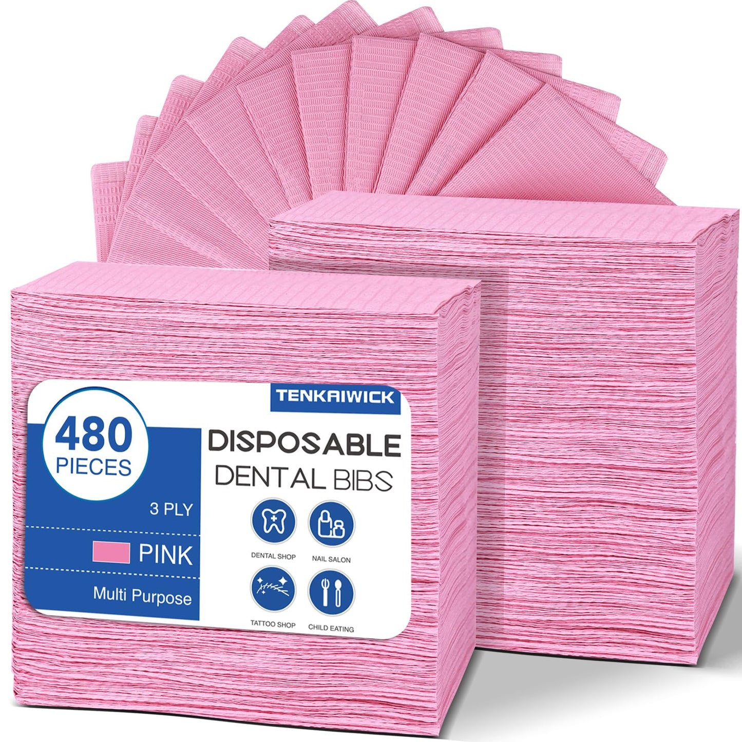 480 Pack Disposable Dental Bibs 13"x18", 3-Ply Waterproof Tattoo Bibs Sheet for Nail Salon, Dental Clinic, Feeding, Tattoo Shop (Pink)
