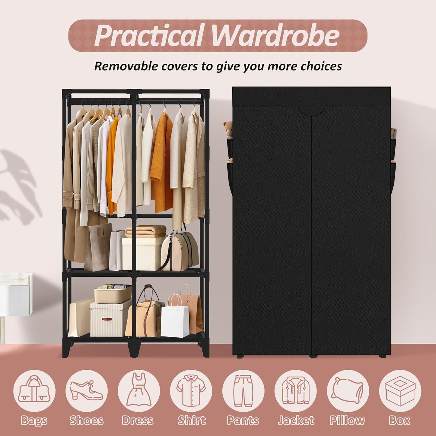 Portable Wardrobe Closet - Easy Assembly Black Clothes Rack with 2 Hanging Rods | 4 Shelves & 8 Pockets for Bedroom or Dorm