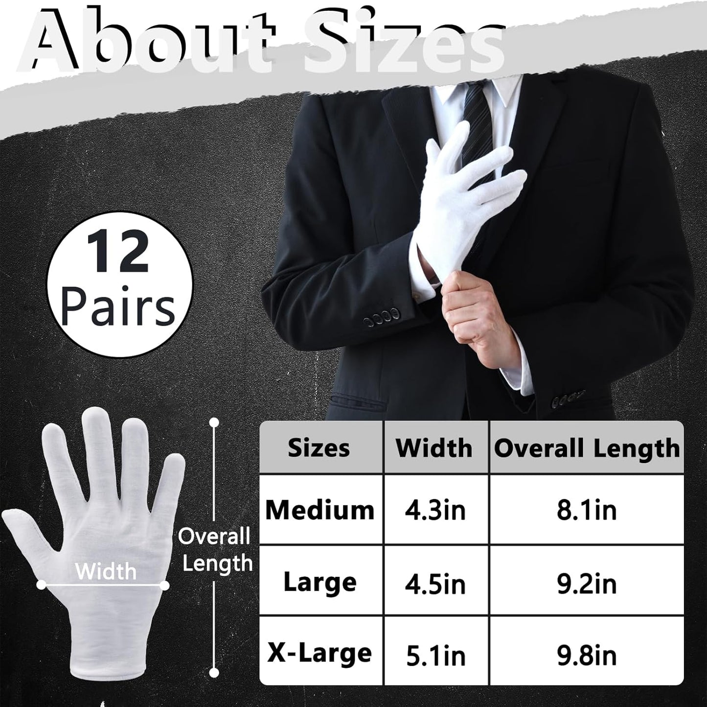 White Cotton Gloves for Men & Women - Soft Dust Protection for Art, Crafting, Eczema, and More | Large Size