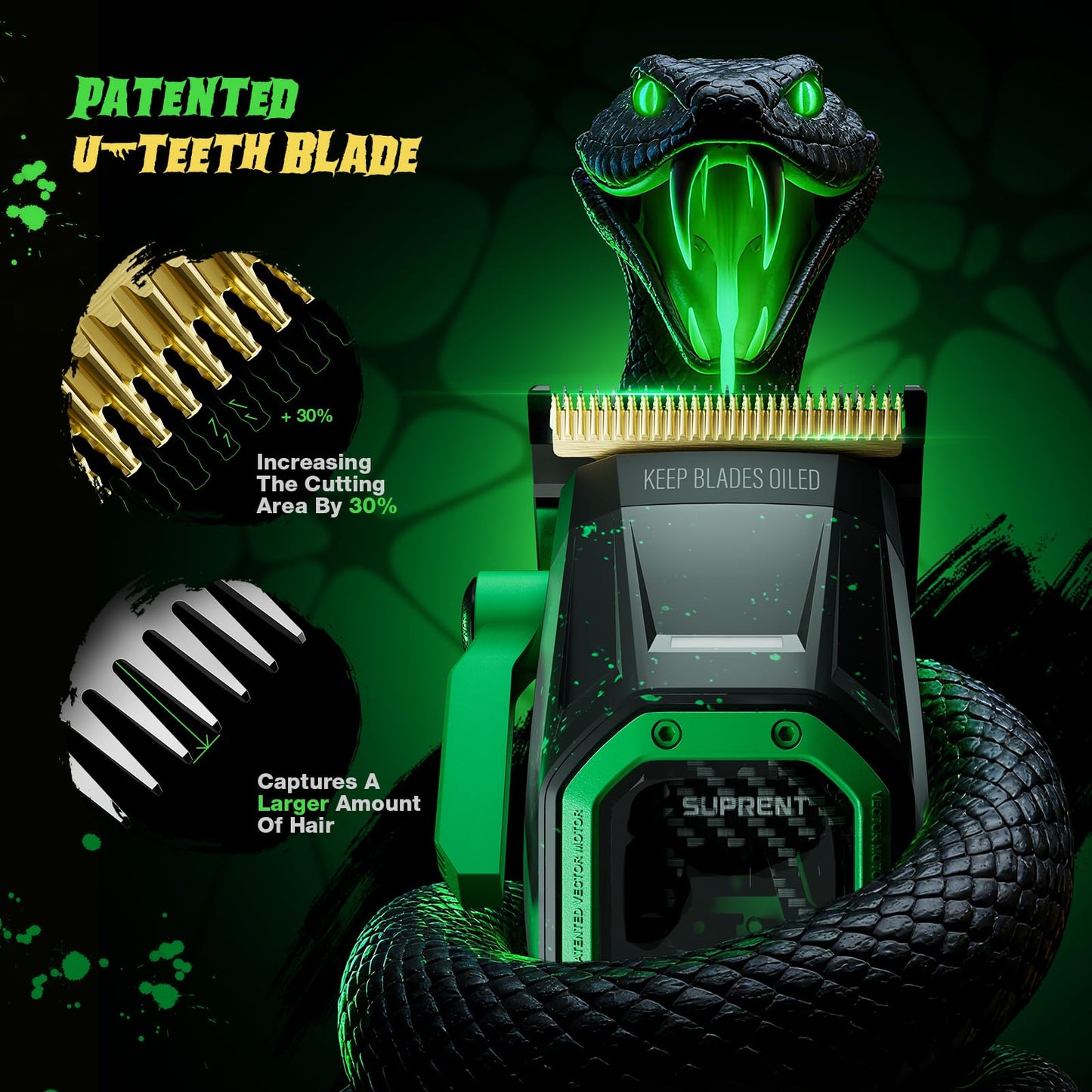 SUPRENT FANGS Professional Barber Clippers - High-Performance 13,000 RPM Vector Motor Hair Clipper Barber Trimmer Set, Professional Haircutting Kit with AI Speed Control, Patented U-Teeth Blade(black)