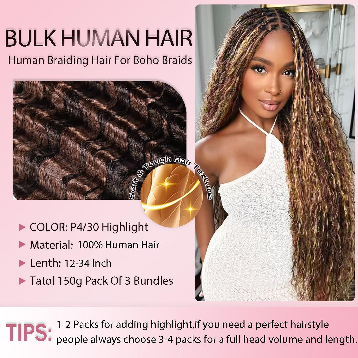 P4/30 Highlight Brown Human Braiding Hair for Boho Braids 24 24 24 Inch Unprocessed Brown Deep Curly Bulk Human Hair Extensions for Boho Braids 50g/Bundle Total 150g