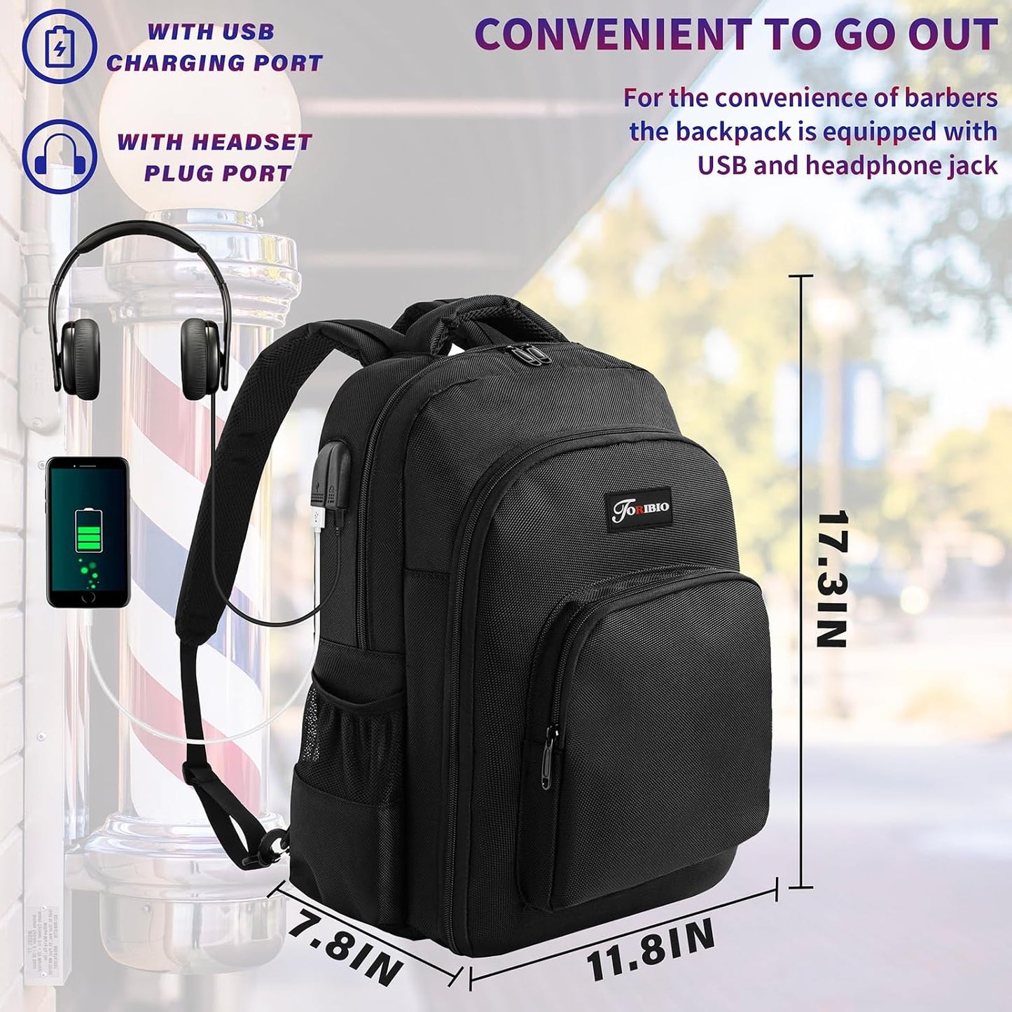 Barber Supplies Bag - Portable Backpack for Clippers & Tools with USB Port | Black