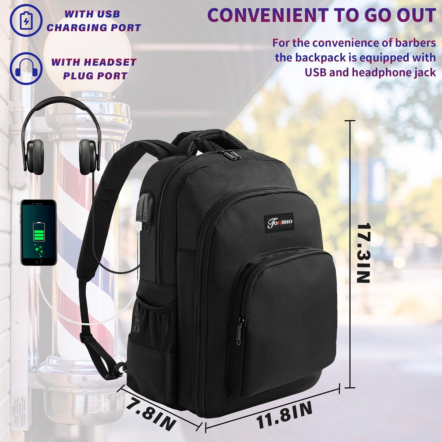TORIBIO Barber Supplies Bag for Clippers and Supplies, Hairstylist Clipper Portable Backpack for Barber Tools with USB Port (Black)