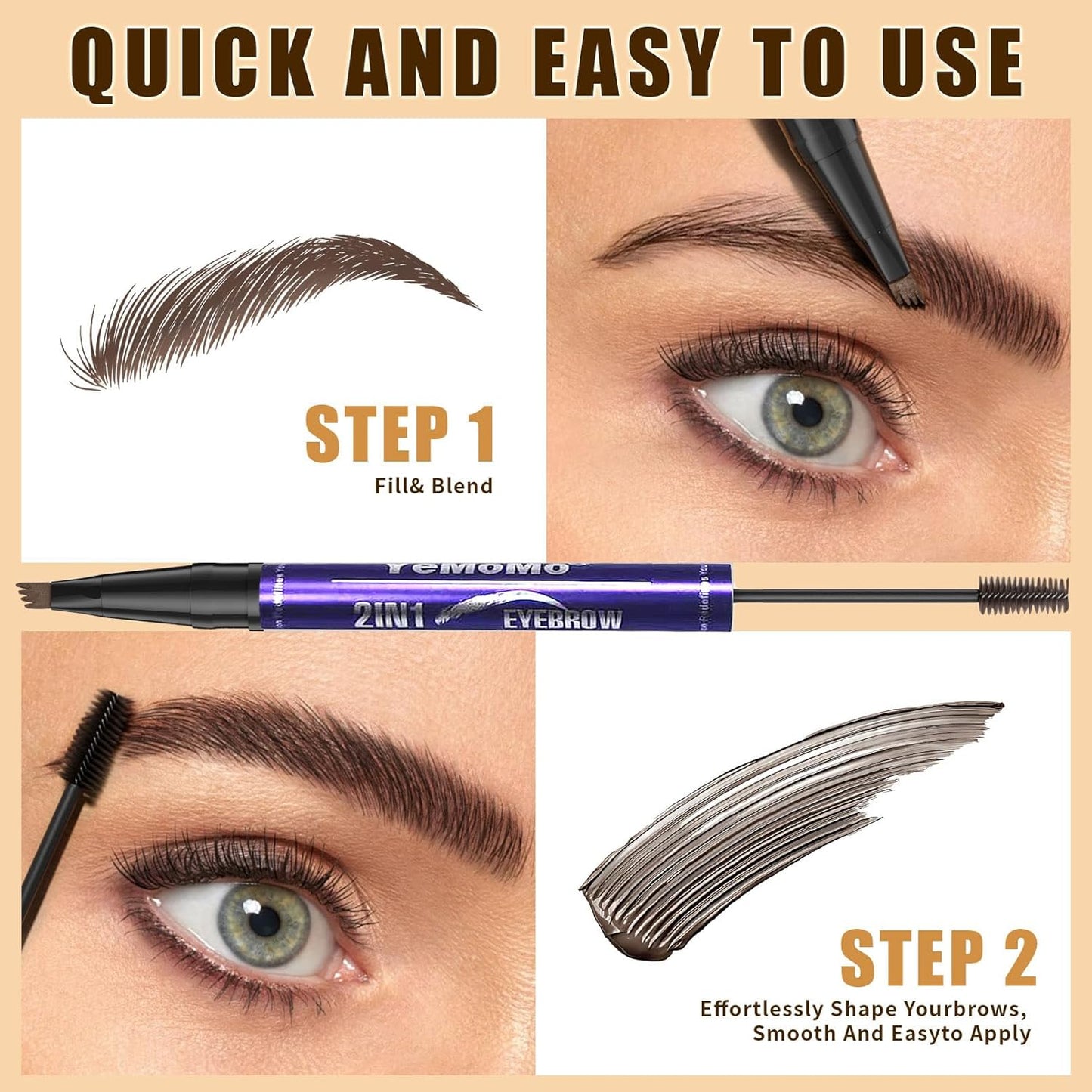 2-in-1 Eyebrow Pen with Tinting Gel - Waterproof Microblading Pencil | 5 Natural Shades, Dark Brown