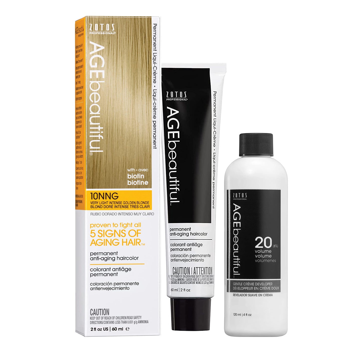AGE beautiful Permanent Hair Color Dye Liqui Creme & Developer 20 Volume | 100% Gray Coverage | Anti-Aging | Biotin for Thicker, Fuller, Healthier Hair | 10NNG Very Light Intense Golden Blonde