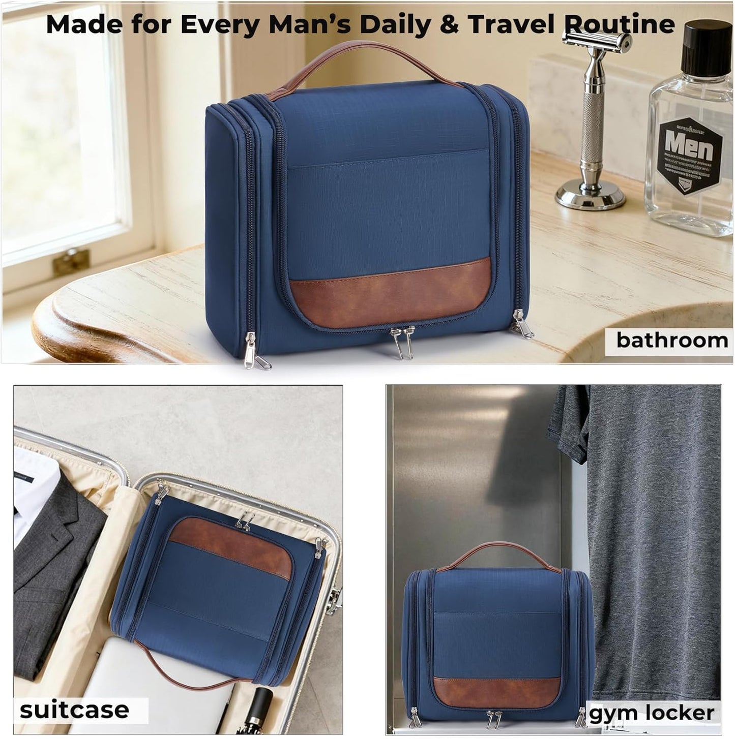 Large Hanging Toiletry Bag for Men - Travel Organizer with Hook | Navy Hygiene & Grooming Essentials