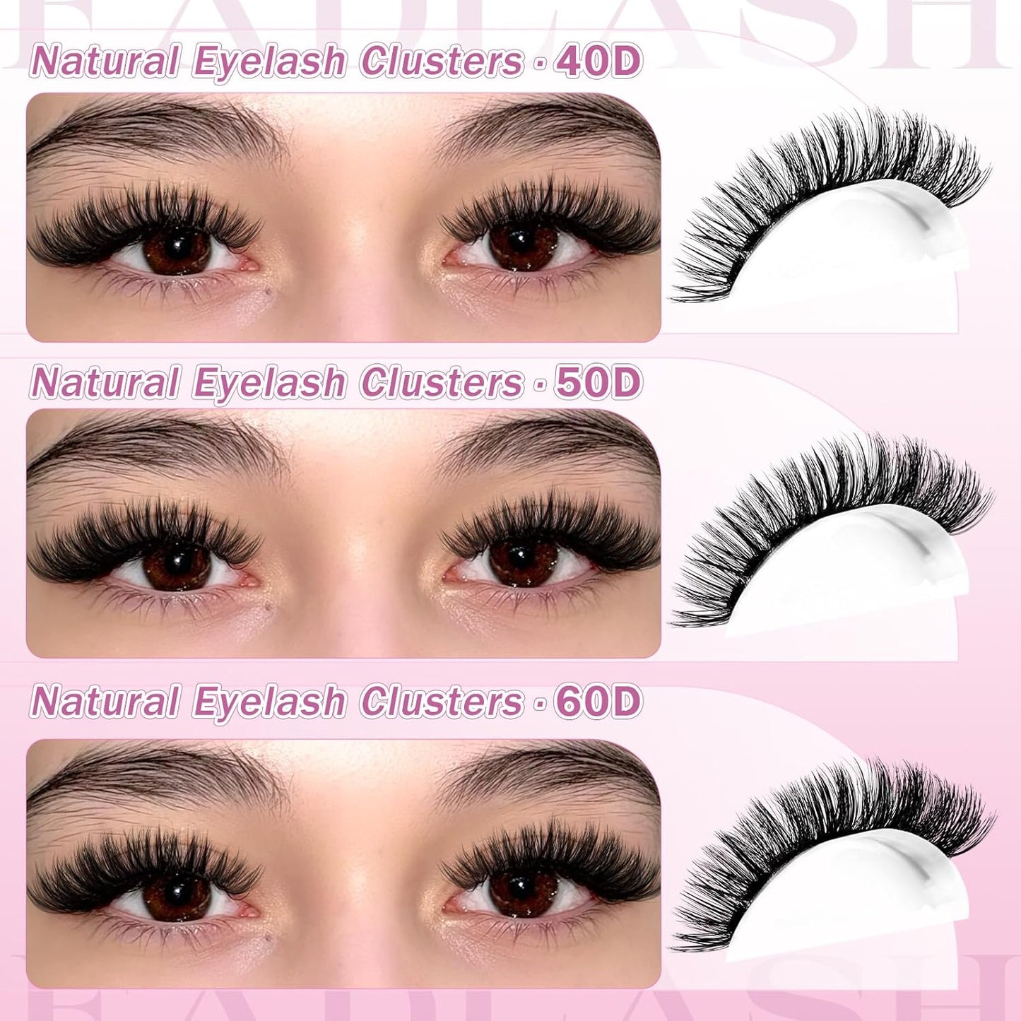 FADLASH Lash Clusters - 40D/50D/60D Natural Eyelash Extensions | Wispy 8-16mm D Curl, Soft Thin Band for DIY Use
