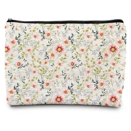 FWSFD Pink and Blue Floral Makeup Bag, Cottagecore Wildflower Flower Butterfly Cosmetic Bags for Women, Aesthetic Botanical Zipper Makeup Pouch Travel Toiletry Bag