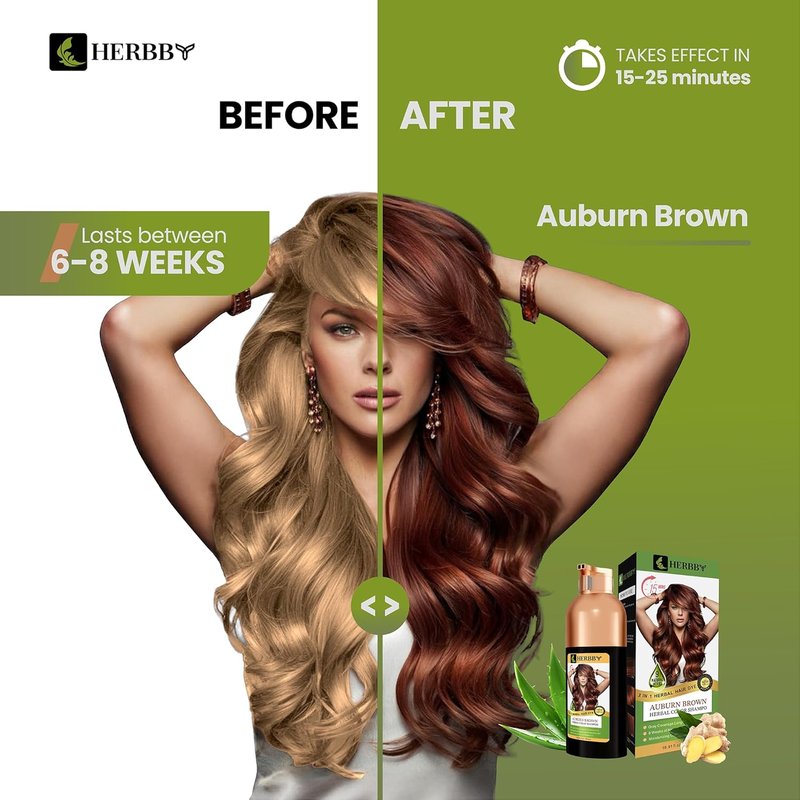 HERBBY Hair Color Shampoo - Gray Hair Coverage & Color Transformation with 9 Herbal Extracts | Auburn Brown, 500ml